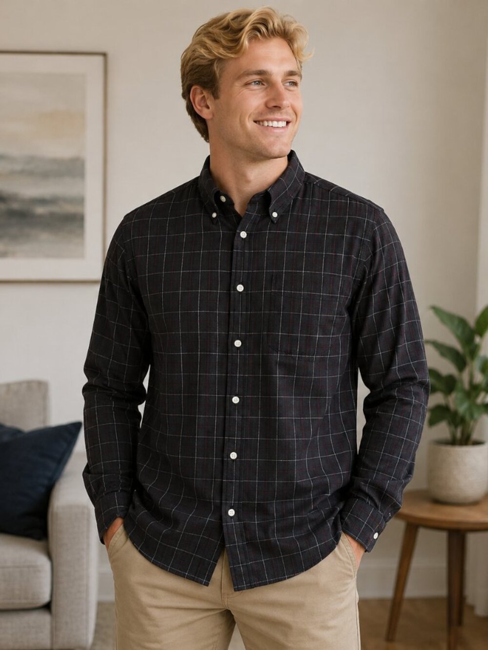 Arnold Palmer Men’s Medium Black Plaid Button-Up Shirt Long Sleeve Casual Cotton